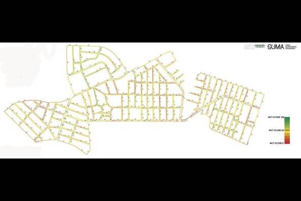 Resultado diagnóstico del área de El Cangrejo, Obarrio y parte de San Francisco con el 'Walkability Tool' de 1-100.