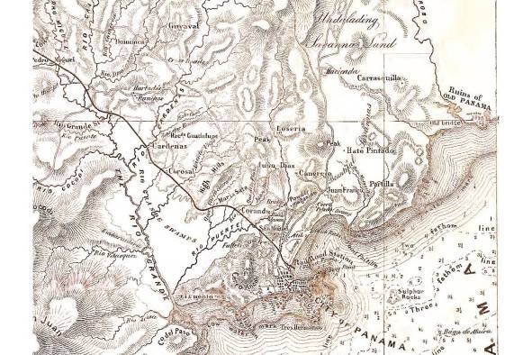 Recuadro del mapa del istmo de Panamá representando la línea del ferrocarril por Thomas Harrison, 1857.