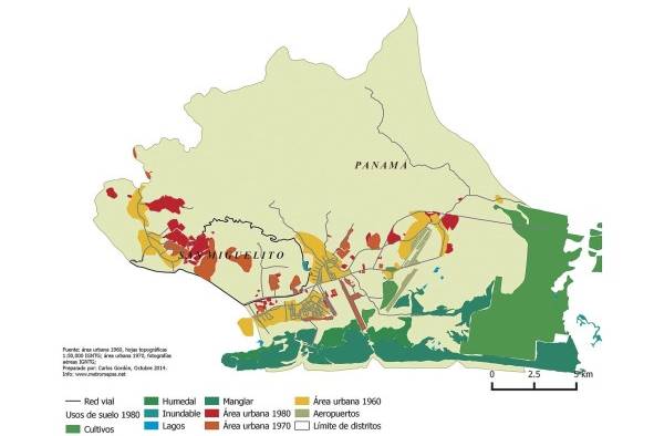 Mapa huella urbana 1960-1980: Para 1980, 9,73% (3,396.8 has) de la superficie de la cuenca correspondía a áreas urbanas o edificadas. El desarrollo de áreas industriales, con empresas como Pascual Hermanos en 1968, en torno al equipamiento público construido por el Estado, impulsaron un proceso de ocupación, que, ante la ausencia de planes reguladores del desarrollo han ido configurando el escenario para la construcción del desastre.