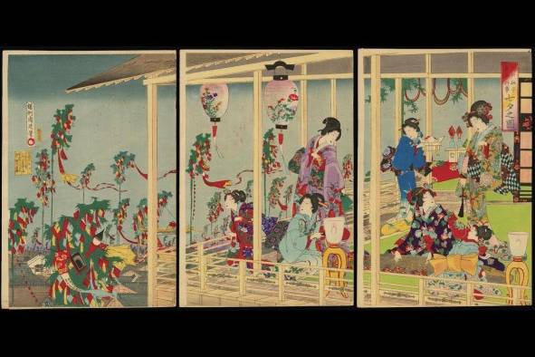 Una celebración tanabata, plasmada en un ukiyoe de Toyohara Chikanobu circa 1885