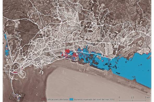 Este mapa muestras las áreas de probable inundación debido al posible aumento del nivel del mar, de acuerdo con los datos recientemente publicados por MIAmbiente. Para este mapeo se utilizó el peor de los escenarios, según el cual la humanidad no hace nada para detener las emisiones de gases de efecto invernadero.