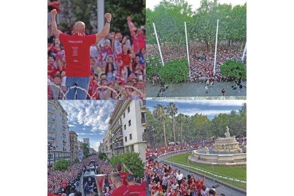 La afición sevillana se volcó a las calles para celebrar y reconocer el heptacampeonato de la Europa League alcanzado por el club.