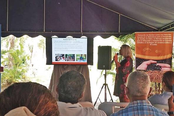 La gerente del proyecto Soluciones Basadas en Bambú-Arauclima Regional y parte de Inbar, Romina Ávila Irurralde, durante el lanzamiento del proyecto en Panamá.