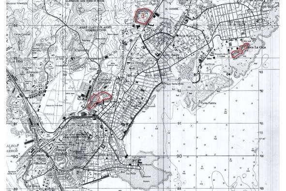 En este mapa de 1960 se distingue la ubicación de los asentamientos más próximos al centro urbano, Boca La Caja, en el borde costero del sector de San Francisco (1); Curundú, en el borde del río del mismo nombre, límite con la Zona del Canal (2); y Fruta Loma La Pava, asentamiento desaparecido y sobre el cual se construyó plaza Edison y las torres residenciales que se encuentran en este sector.