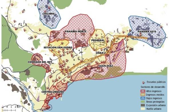 Sectores de desarrollo: La expansión de la ciudad de Panamá durante lo que va del siglo XXI se ha caracterizado por un proceso acelerado de construcción de viviendas hacia las periferias norte y este. En el mapa se observa la distribución de la oferta de vivienda según niveles de ingreso, concentrando la oferta para las capas bajas en el sector este.