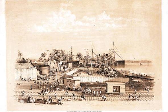 Charles Parsons &amp; Fessenden N. Otis: Vista de las instalaciones de la U.S. Mail Steamship Company, Aspinwall, Nueva Granada. 1854. Vagones de correo de ferrocarril en primer plano con mucha actividad, barcos de vapor de correo en segundo plano a lo largo de los muelles; muchos de los buzones de correo tienen etiquetas que incluyen “Wells Fargo”, “Adams &amp; Cos. Express” y “Runnels Express”, y los vagones de correo están etiquetados como “A.M. Hinkley's Passenger and Baggage Express” y “Specie U.S. Mails”.