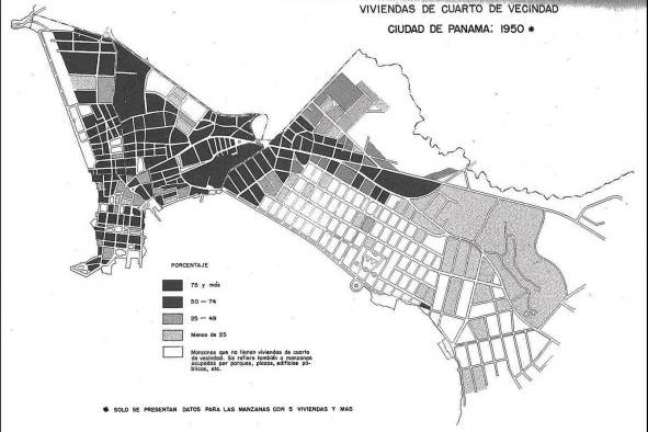 Viviendas de cuarto de vecindad 1950: refleja la concentración por manzanas de las viviendas de cuarto de vecindad en el Casco Antiguo de la ciudad de Panamá. Se observa con claridad que serían los barrios de San Felipe, Santa Ana, El Chorrillo, San Miguel y El Marañón los que concentrarían la mayor proporción.