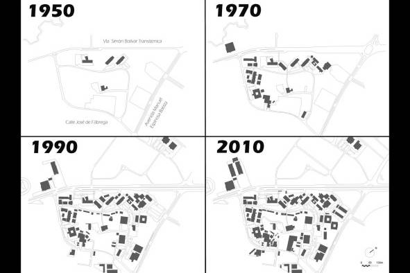 Diagrama de la evolución de construcciones en el Campus Octavio Méndez Pereira entre 1950 y 2010.