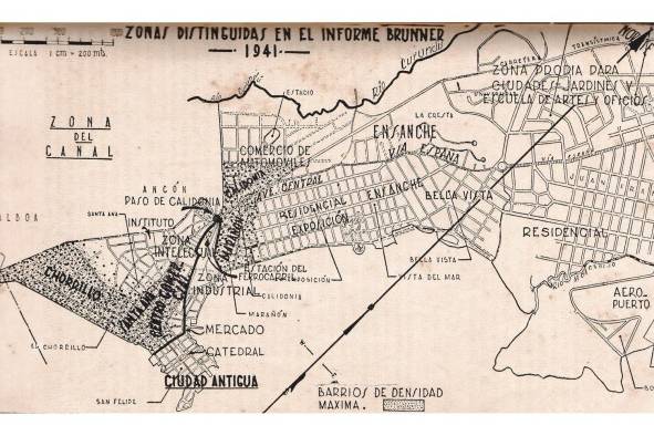 Zonas distinguidas en el informe Brunner; mapa del libro La ciudad de Panamá, de Ángel Rubio, 1950.