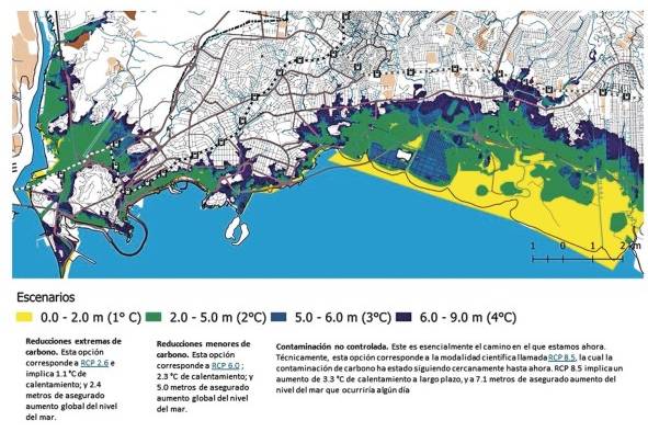 Mapa de áreas inundables por aumento del nivel del mar en la ciudad de Panamá: este mapa muestra las zonas que se verían afectadas por un incremento de la temperatura media global de 1 ºC (amarillo), 2 ºC (verde), 3 ºC (celeste) y 4 ºC (azul oscuro).