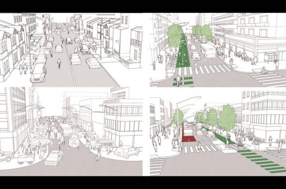 En la imagen izquierda la común situación de invasión del espacio público por automóviles, la indefinición de los sistemas. En la parte derecha la solución ideal que incorpora el transporte público, las bicicletas, arborización, etc.