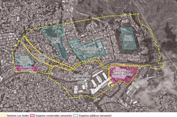 En este plano se observan las secciones en que fue dividido el proyecto de urbanización Los Andes. En líneas amarillas, los grandes globos de terreno, en color magenta las áreas comerciales y en verde los espacios públicos.