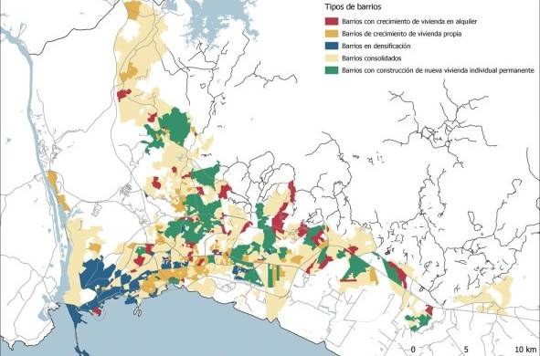 Este mapa muestra una categorización de los barrios de acuerdo con las características de tenencia y tipo de vivienda y el porcentaje de crecimiento de cada variable entre los censos de 2000 y 2010. El 65% de los barrios de la ciudad de Panamá se encuentra dentro del grupo de barrios consolidados, siendo estos barrios donde no se construye nueva vivienda ni la propiedad cambia su estatus de tenencia (alquilada, hipotecada o propia).