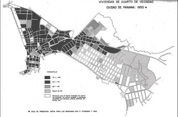 Viviendas de cuarto de vecindad 1950: refleja la concentración por manzanas de las viviendas de cuarto de vecindad en el Casco Antiguo de la ciudad de Panamá. Se observa con claridad que serían los barrios de San Felipe, Santa Ana, El Chorrillo, San Miguel y El Marañón los que concentrarían la mayor proporción.