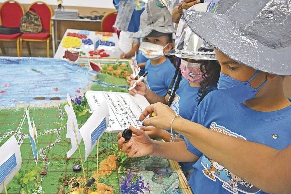 Estudiantes del C.E.B.G. San José Bernardino, de Arraiján, trabajando en la fase 2 'Desconectados', con un juego de algoritmos de 'La ruta de Balboa'.