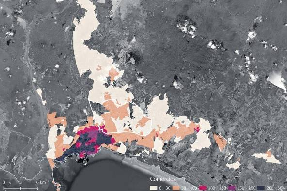 En este mapa se presentan los barrios según la concentración de negocios en áreas de 1,2 km o 15 minutos de caminata. Se puede observar cómo en los barrios del centro urbano existe una alta concentración de negocio, mientras que en la periferia la disponibilidad de comercio en la proximidad de la vivienda es reducida.