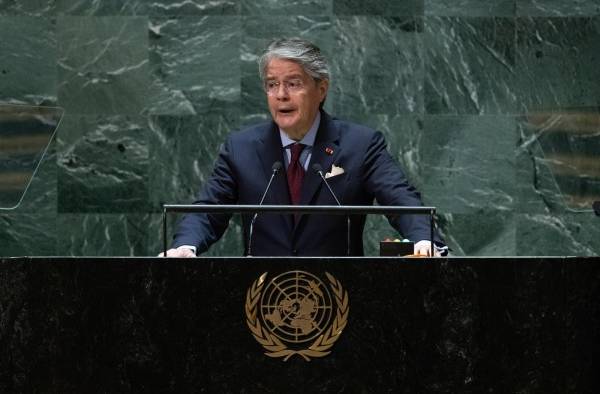 El presidente de Ecuador, Guillermo Lasso, habla ante la Asamblea General de la ONU, este 20 de septiembre de 2023, en Nueva York.