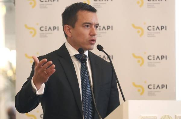 El presidente electo de Ecuador, Daniel Noboa, durante su intervención en la reunión mantenida con miembros del Consejo Empresarial Alianza por Iberoamérica (CEAPI) en Madrid.