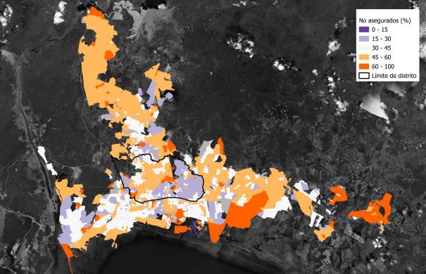 Este mapa muestra la distribución de la población que declaró no tener seguro social para cada barrio en Ciudad de Panamá, según el censo 2023.