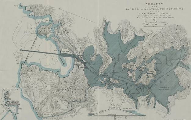 Este mapa se encuentra incluido en el documento, ‘Project of terminal harbors of the Panama Canal’, preparada por Lindon W. Bates en 1905. Se puede observar aquí la propuesta de construir un rompeolas en la Bahía de Limón.