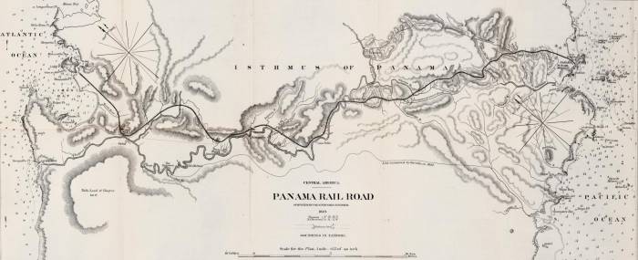 Mapa de 1849 que muestra el recorrido del ferrocarril transístmico, inaugurado el 28 de enero de 1855, mientras ejercía la vicepresidencia de la Nueva Granada José de Obaldía, quien luego sería presidente de Panamá a inicios del siglo XX.