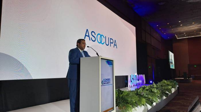 Gabriel Quintero, presidente de Asocupa, durante el acto de inauguración del Congreso Internacional de Cumplimiento 2024, que se realiza en ciudad de Panamá.