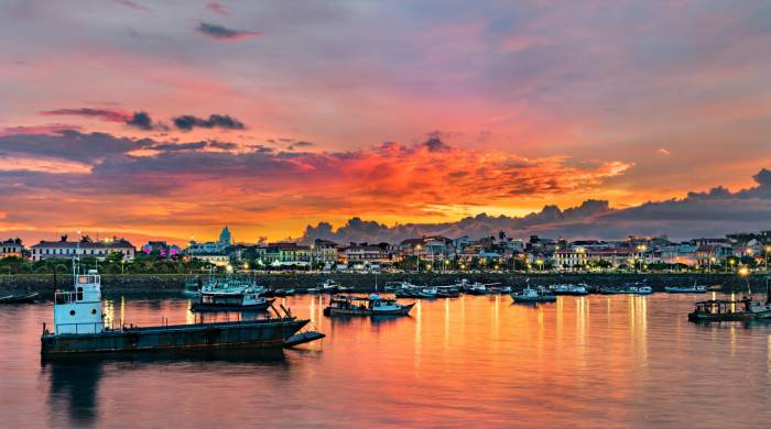 Panorama of Casco Viejo, the historic district of Panama City at sunset. UNESCO world heritage in Central America