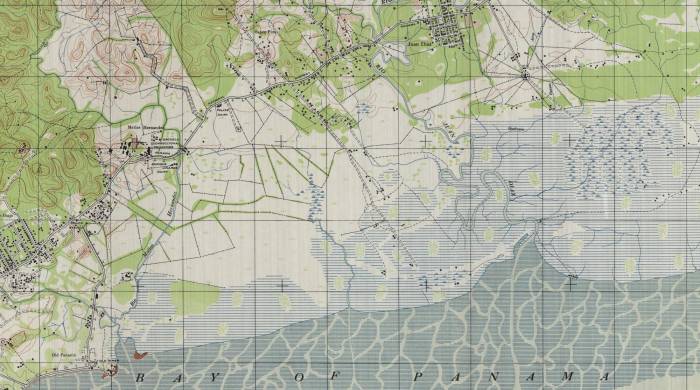 Este plano de 1943 muestra las transformaciones que empezaban a darse en los humedales que iban desde el río Matías Hernández hacia el río Juan Díaz, durante la década de 1940, cuando se iniciaba el proceso de expansión urbana hacia el este.