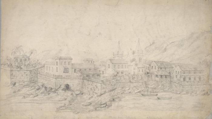 George Gibson: Dibujo de vista hacia el interior de la ciudad rodeada por la muralla fortificada, la Puerta de Mar y numerosos edificios e iglesias, 1850. University of California- Berkeley. EE.UU.