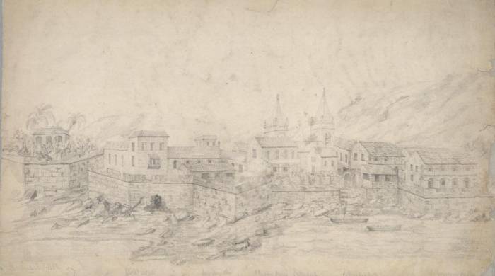 George Gibson: Dibujo de vista hacia el interior de la ciudad rodeada por la muralla fortificada, la Puerta de Mar y numerosos edificios e iglesias, 1850. University of California- Berkeley. EE.UU.