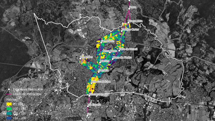 Este mapa muestra la densidad de población en las manzanas que se encuentran a 300 metros del trazado propuesto para el Metrocable en el sector de San Miguelito. Esta propuesta de trazado es un híbrido entre la propuesta del Plan Maestro del Metro de Panamá y el estudio PRISMA de 2019.