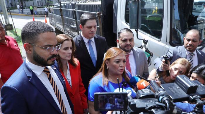 La presidente de la Asamblea, Dana Castañeda, junto a otros diputados quitaron la cerca que se colaban para contener las protestas.