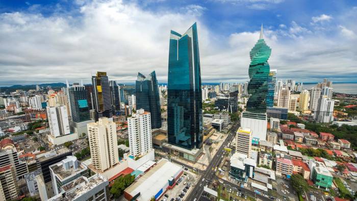 Aerial view of the modern skyline of Panama City , Panama