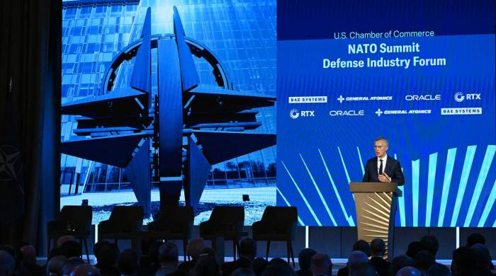 El secretario general de la OTAN, Jens Stoltenberg, se dirige a la Cámara de Comercio de Estados Unidos en Washington.