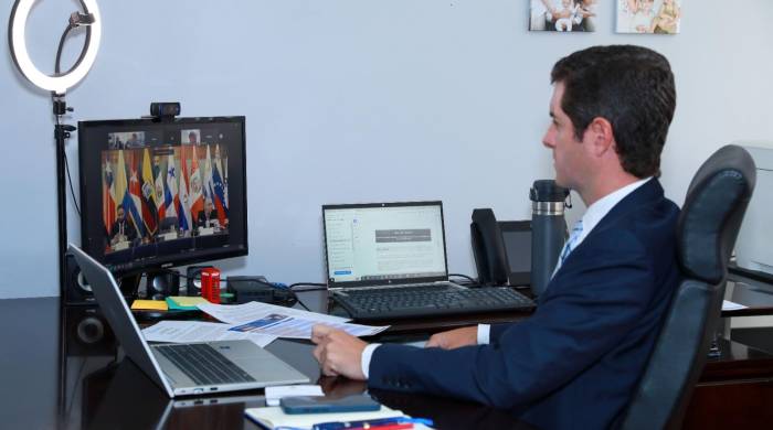 El viceministro de Comercio Exterior, Carlos Hoyos, durante su participación virtual en el Ciclo Países en Comercio de Servicios.