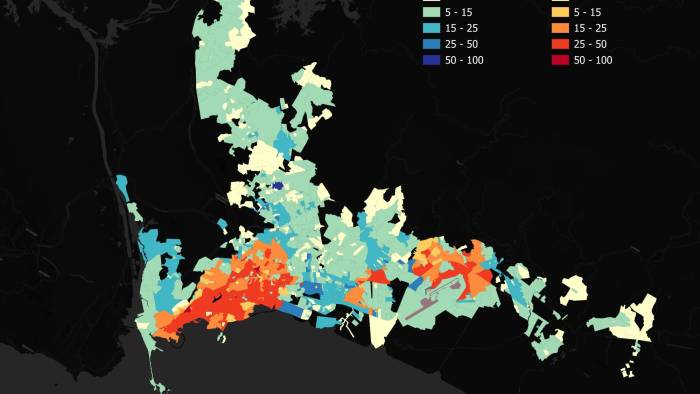 Mapa que muestra el porcentaje de vivienda en alquiler según barrios. En tonos de rojo se muestran los clústeres de barrios de viviendas con altos porcentajes de viviendas de alquiler, y en tonos de verde y amarillo, el mismo indicador, pero para el resto de la ciudad.