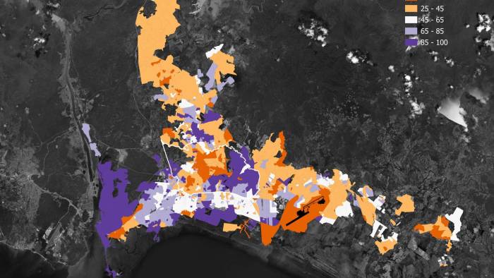 Mapa del porcentaje de hogares con auto, según barrio en ciudad de Panamá, de acuerdo con el censo de población y vivienda 2023. Este es uno de los pocos indicadores que se logra obtener a un nivel lo suficientemente detallado para entender las dinámicas de la movilidad a nivel comunitario.