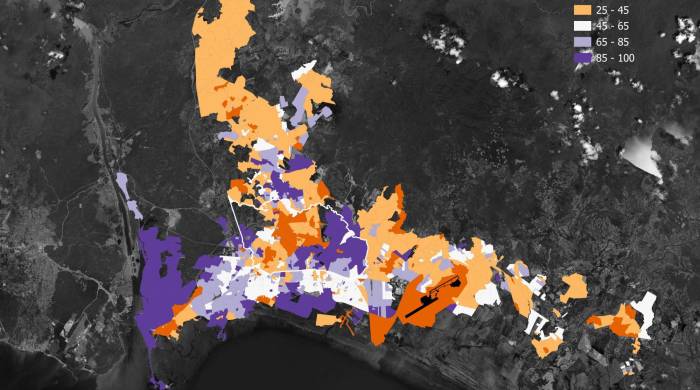 Mapa del porcentaje de hogares con auto, según barrio en ciudad de Panamá, de acuerdo con el censo de población y vivienda 2023. Este es uno de los pocos indicadores que se logra obtener a un nivel lo suficientemente detallado para entender las dinámicas de la movilidad a nivel comunitario.