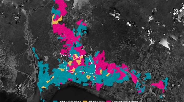 Este mapa muestra la distribución de los asentamientos informales de la ciudad de Panamá en base a datos del censo 2023 e imágenes de satélite. Estos asentamientos informales se encuentran primordialmente en el distrito de San Miguelito, Panamá Este y Norte.