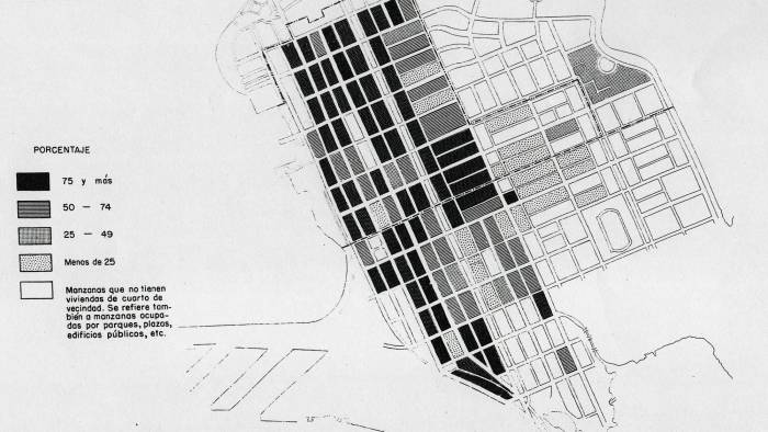 Plano de las manzanas de Colón según el porcentaje de viviendas que corresponden a viviendas de vecindad.