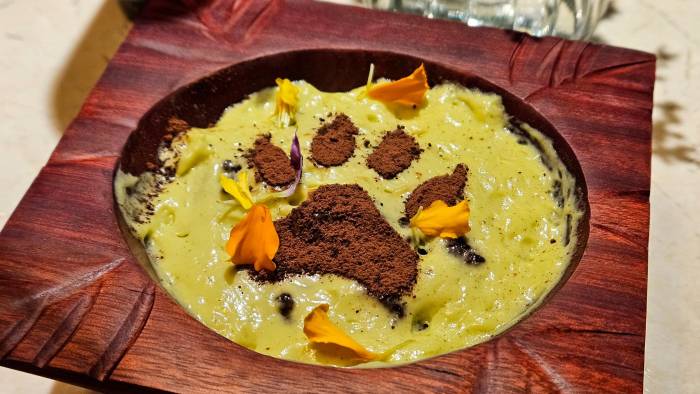 Yaguará, espuma de aguacate y brownie de chocolate.