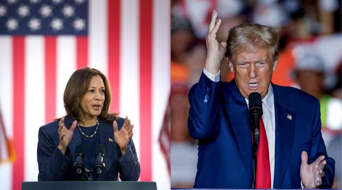 Composición de dos fotografías de archivo donde aparecen los dos candidatos presidenciales estadounidenses, la demócrata Kamala Harris y el republicano Donald Trump.