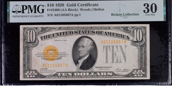 Billete de dólar certificado de oro del año 1928.