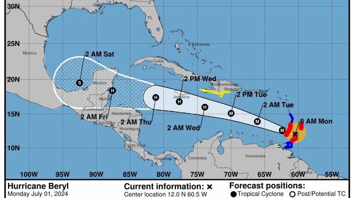 Imagen cedida por el Centro Nacional de Huracanes (NHC) estadounidense donde se muestra el pronóstico de cinco días de la trayectoria del huracán Beryl en la cuenca atlántica.