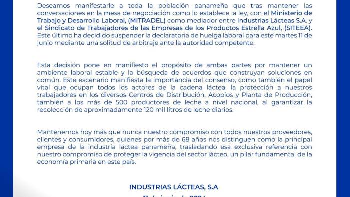 Comunicado de la empresa de La Estrella de Panamá.