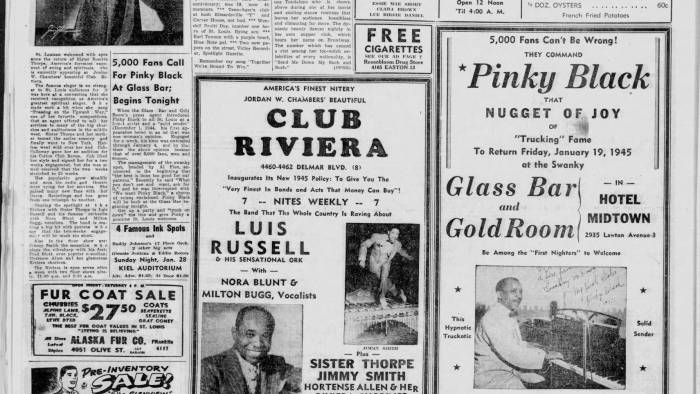 Anuncio de presentación de Russell en el St Louis Argus, 1945.