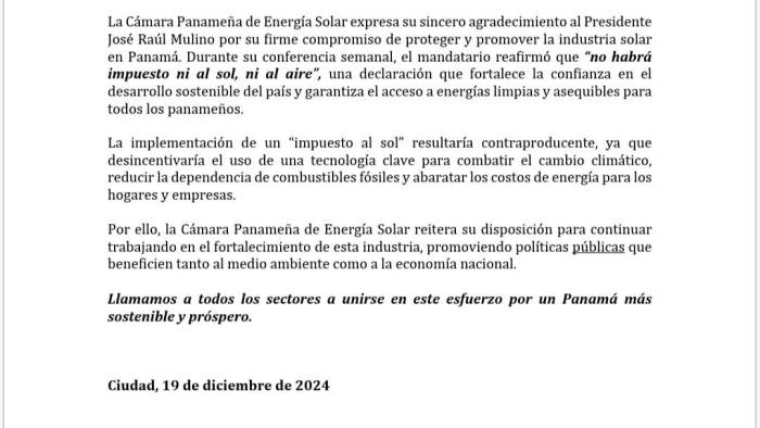 Comunicado de prensa de la Cámara Panameña de Energía Solar.