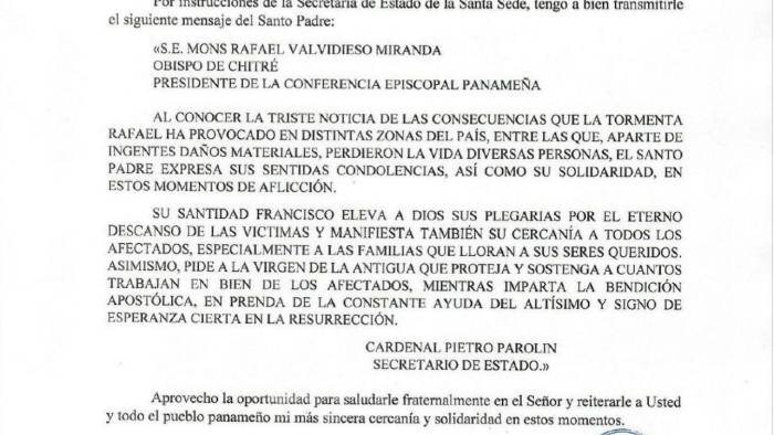 Carta Prot. N. 618/24 de la Secretaria Sede del Vaticano con el mensaje del papa Francisco.