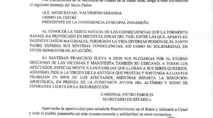 Carta Prot. N. 618/24 de la Secretaria Sede del Vaticano con el mensaje del papa Francisco.