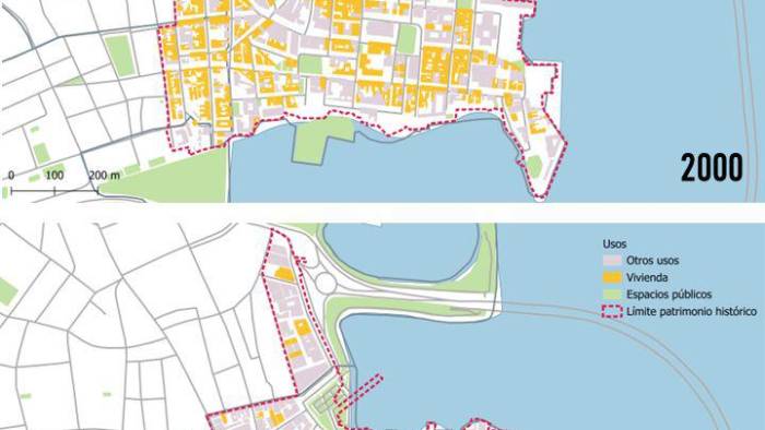 Los datos del INEC plasmados en este mapa muestran cómo tanto la superficie dedicada a viviendas como el número de viviendas se redujeron en el Casco Antiguo entre 2000- 2023.